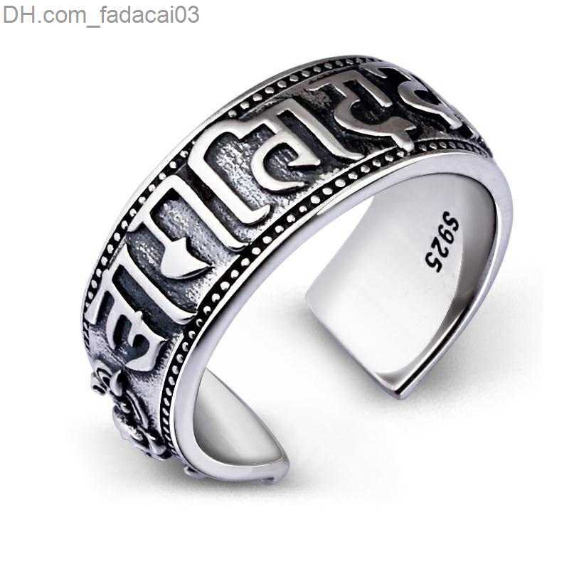 Wedding Rings S925 Sterling Silver Mantra Holy Religious Ring Thai Silver Six Character Mantra Cylinder Opening Adjustable Ring Jewelry Z230711