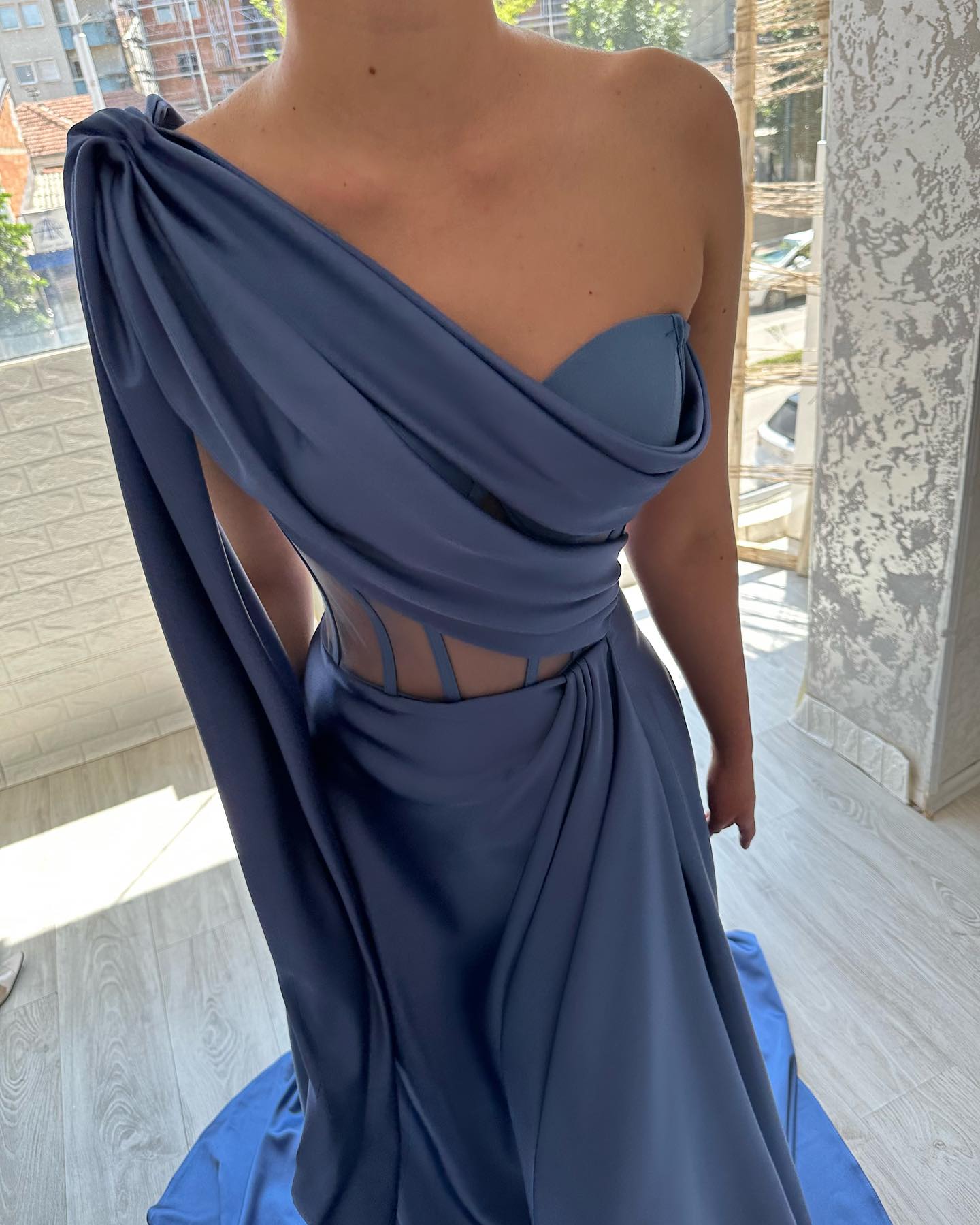 Glamourous Navy Blue Prom Dresses One Shoulder Satin Evening Gowns Bone Bodice Slit Formal Long Special Ocn Party Dress 0516