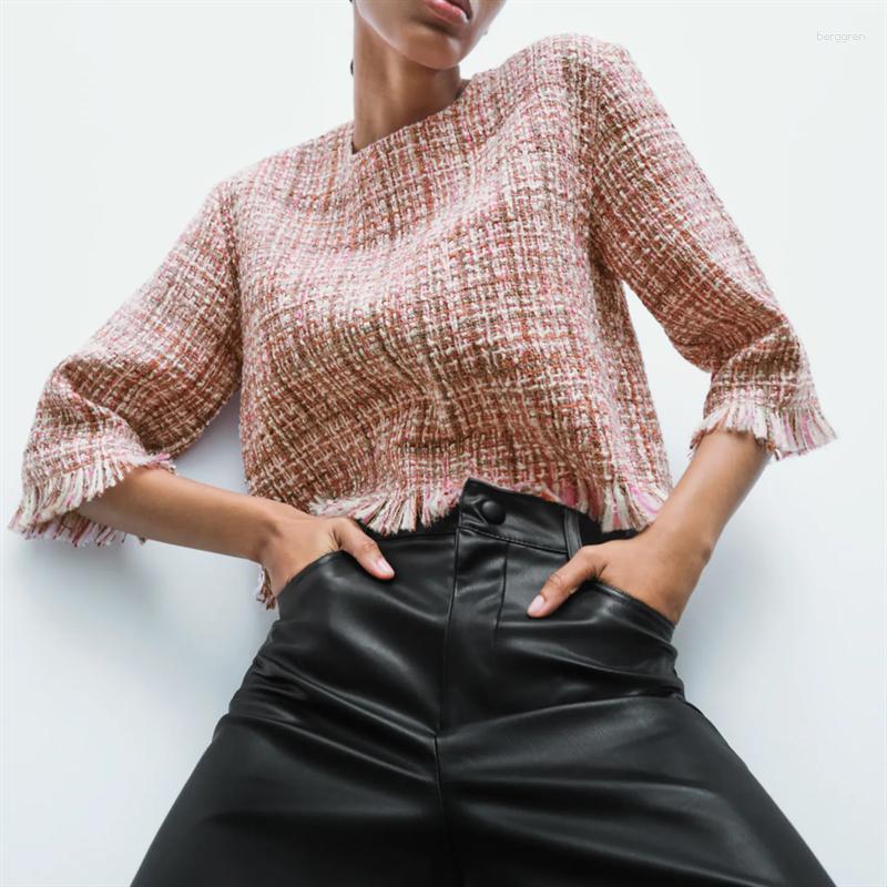 Women's Plaid Tweed Crop Blouse 3/4 Sleeve, Back Zipper, Casual Chic Top - Polyester