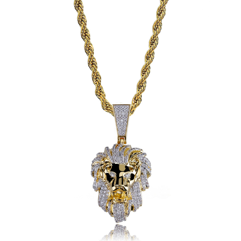 Hip Hop Lion Head Pendant Necklace TopBling Men's 14k Gold with Charm Rope Chain
