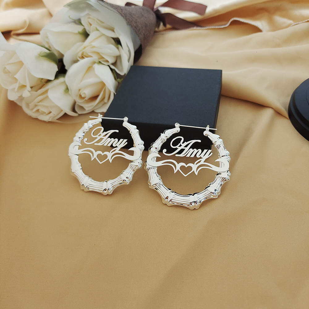 Hoop Huggie Big Earrings Bamboo Customize Name Custom Jewelry Stainless Steel Personality with gift box 230707