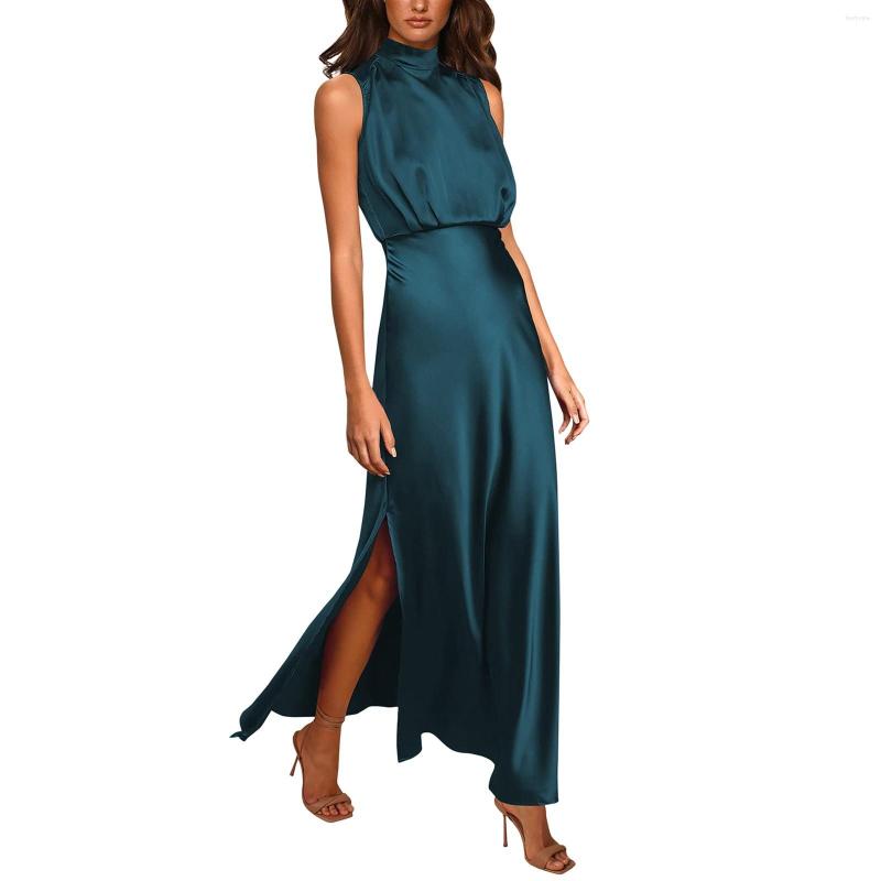 Casual Dresses Summer Elegant Women Long Formal Satin Mock Neck Sleeveless Side Slit Flowy Maxi Tank Woman Party Night