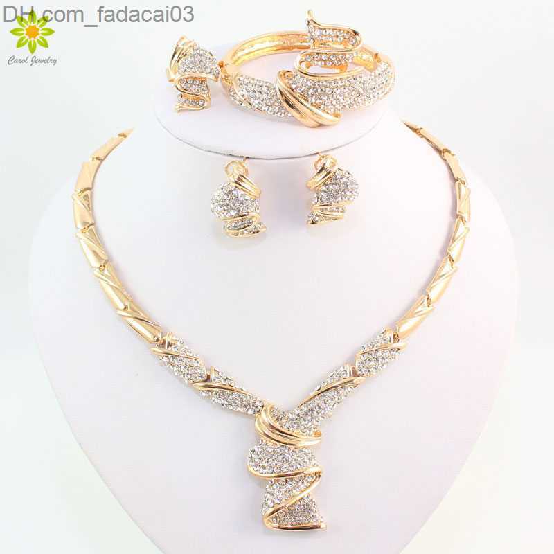 Wedding Rings Wholesale Fashion Gold Alloy Rhinestone Wedding Jewelry Set Necklace Bracelet Ring Earrings Z230712