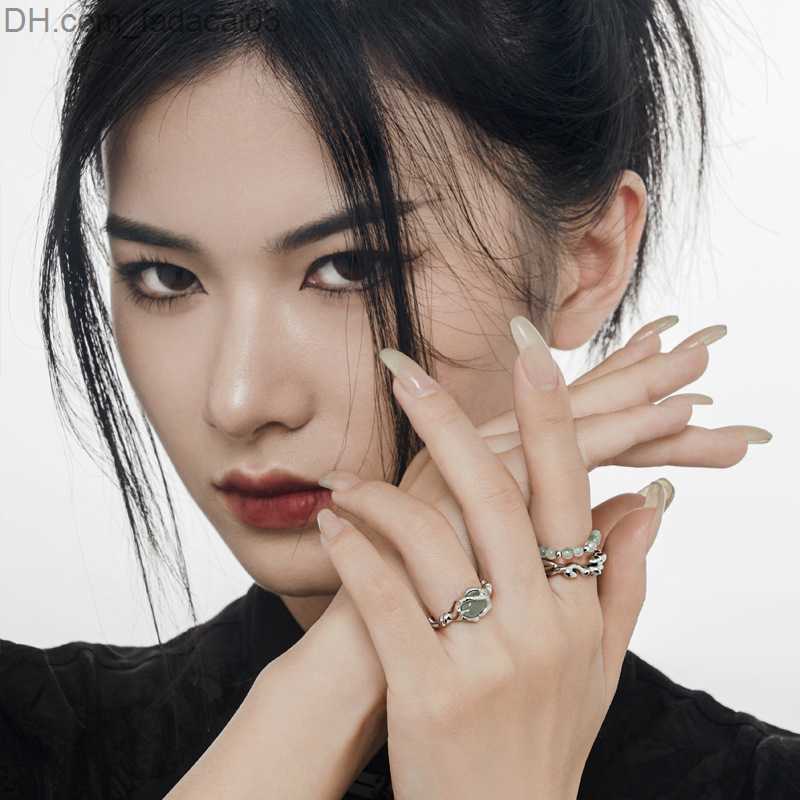 Wedding Rings F INS Genuine S925 Sterling Silver Open Ring Aventrine Jade Gemstone Punk Rock Adjustable Finger Fashion Exquisite Jewelry Gift Z230712