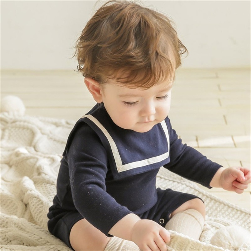 Rompers Baby Rompers Kids Sailor Collar Clothes Boys Gentle Style Jumpsuits Girls Dress-like Bodysuits born Clothing 230707