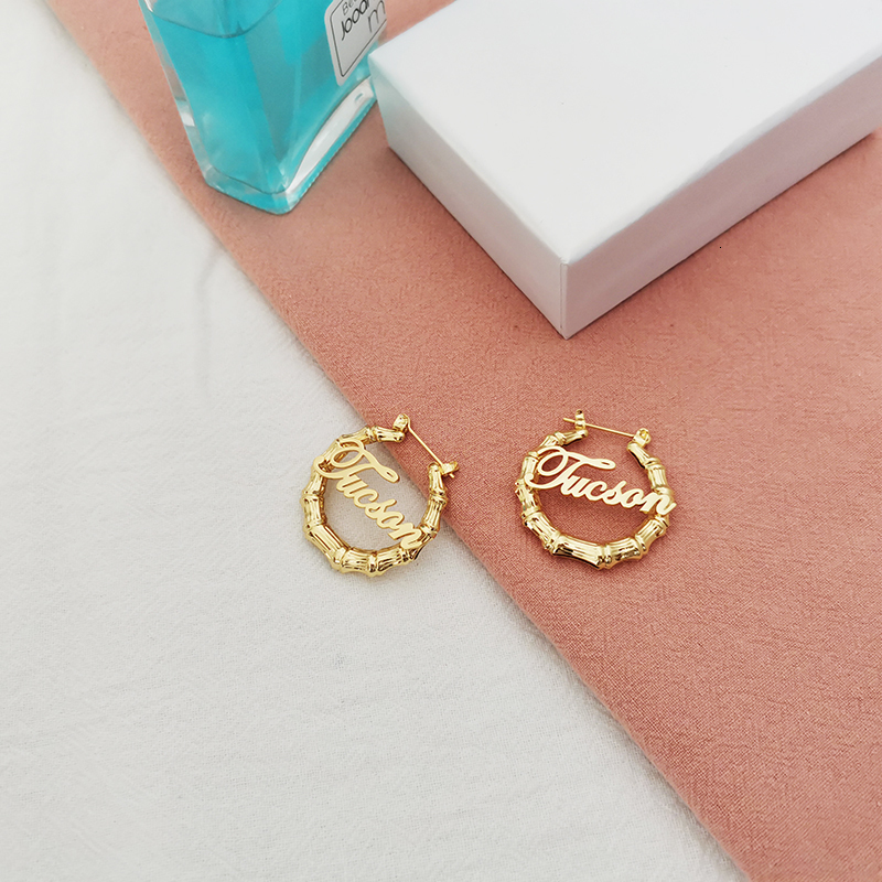 Hoop Huggie Mini Stainless Steel Bamboo Earrings 30mm Small Style Customize Name for Kid Antiallergy 230707