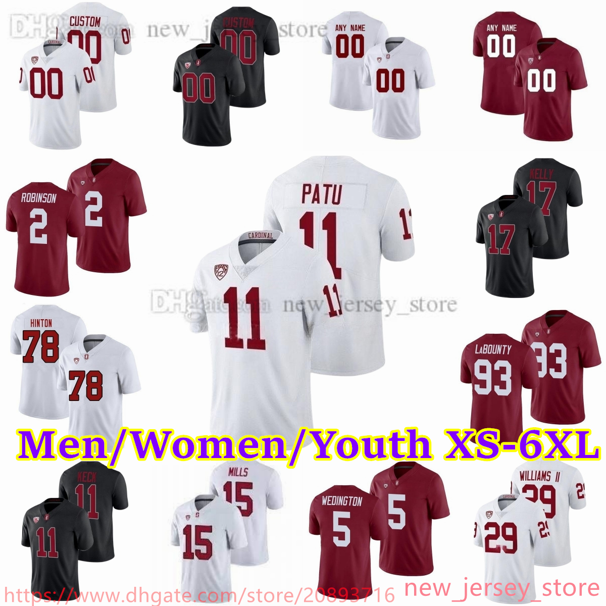 2023 Custom S-6XL NCAA Stanford Cardinal Football Jersey Williamson Tremayne Higgins Williams Kelly Yurosek Smith Damuni Keck Filkins Patu Williams Men Women Youth