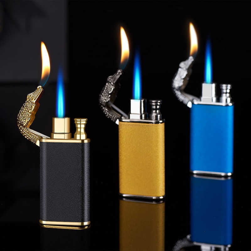 Unusual Blue Flame Metal Crocodile Double Fire Dragon Lighter Creative Direct Windproof Open Conversion Man's Gift FFXE W260202