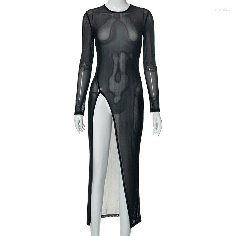 Casual Dresses Gtpdpllt Mesh Sheer Sexy Dress Summer Elegant Outfits For Women Long Sleeve Transparent Maxi Y2k Split Beach Bodycon