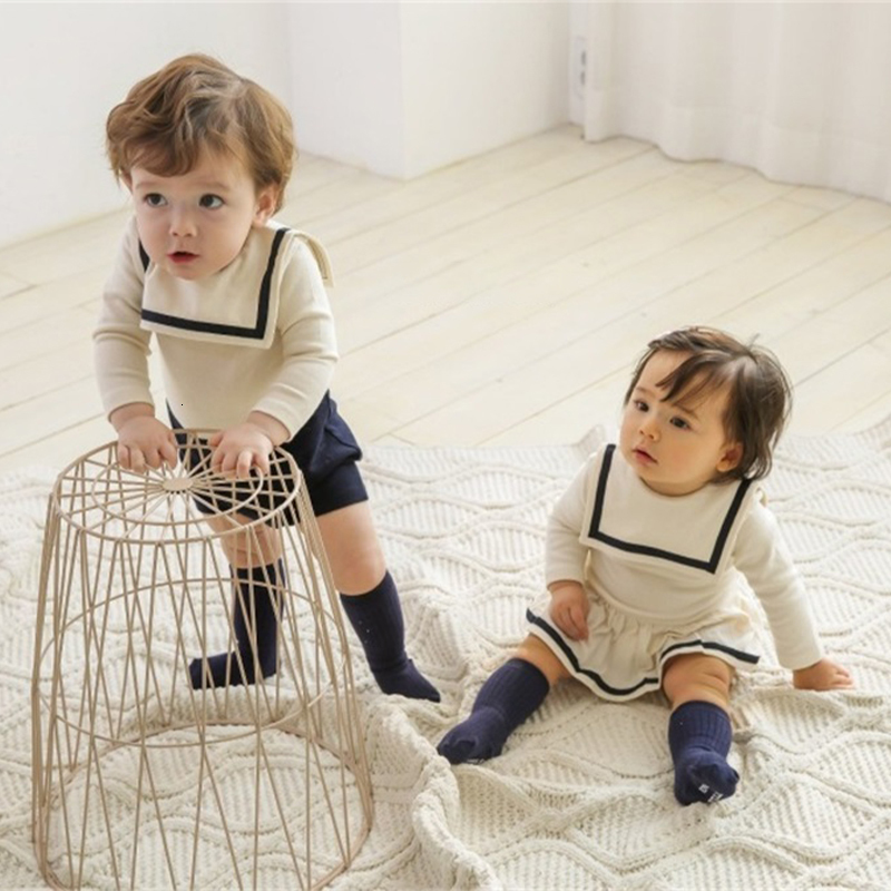 Rompers Baby Rompers Kids Sailor Collar Clothes Boys Gentle Style Jumpsuits Girls Dress-like Bodysuits born Clothing 230707