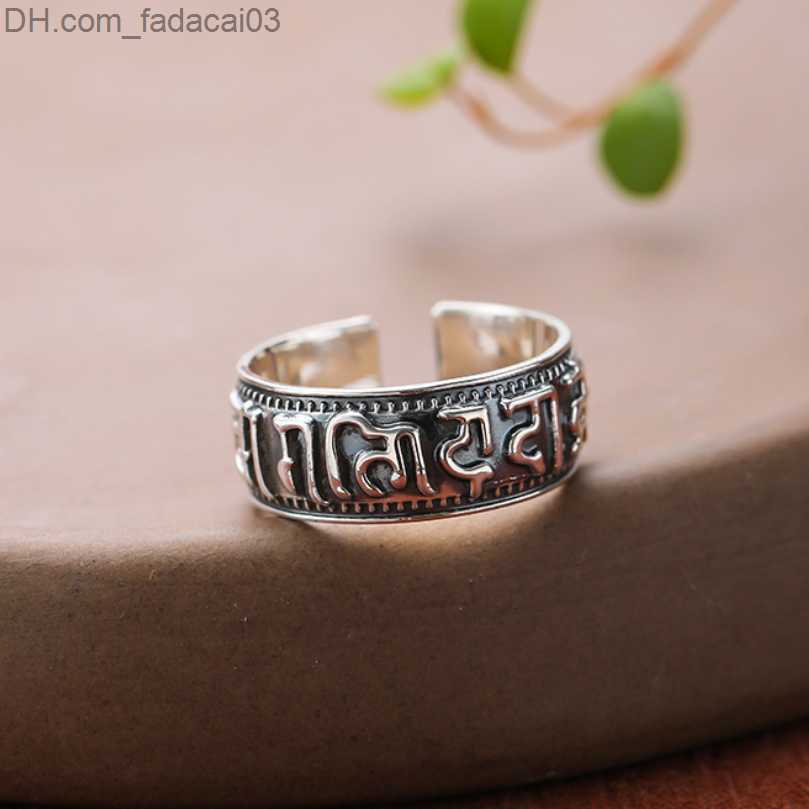 Wedding Rings S925 Sterling Silver Mantra Holy Religious Ring Thai Silver Six Character Mantra Cylinder Opening Adjustable Ring Jewelry Z230711