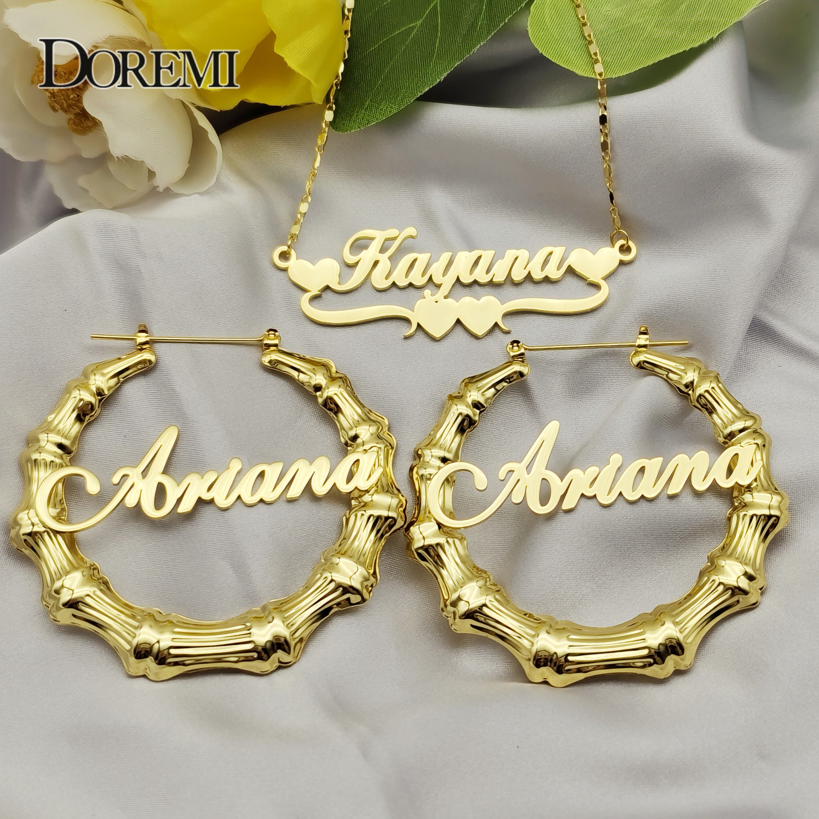 Hoop Huggie DOREMI One Name Earrings and Necklace set Tile Chain Round Bamboo Custom Letter Personalised Gift 230707 230707