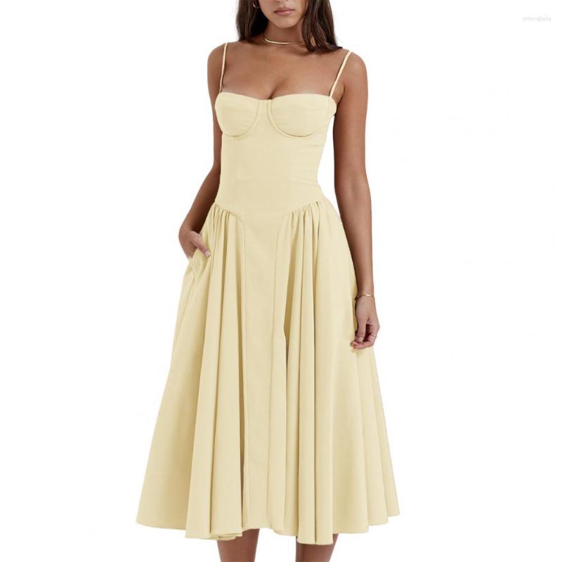 Casual Dresses Women Summer Bandeau Sling Dress Corset Design Loose Hem Pockets A-Line Midi Solid Color Party Evening