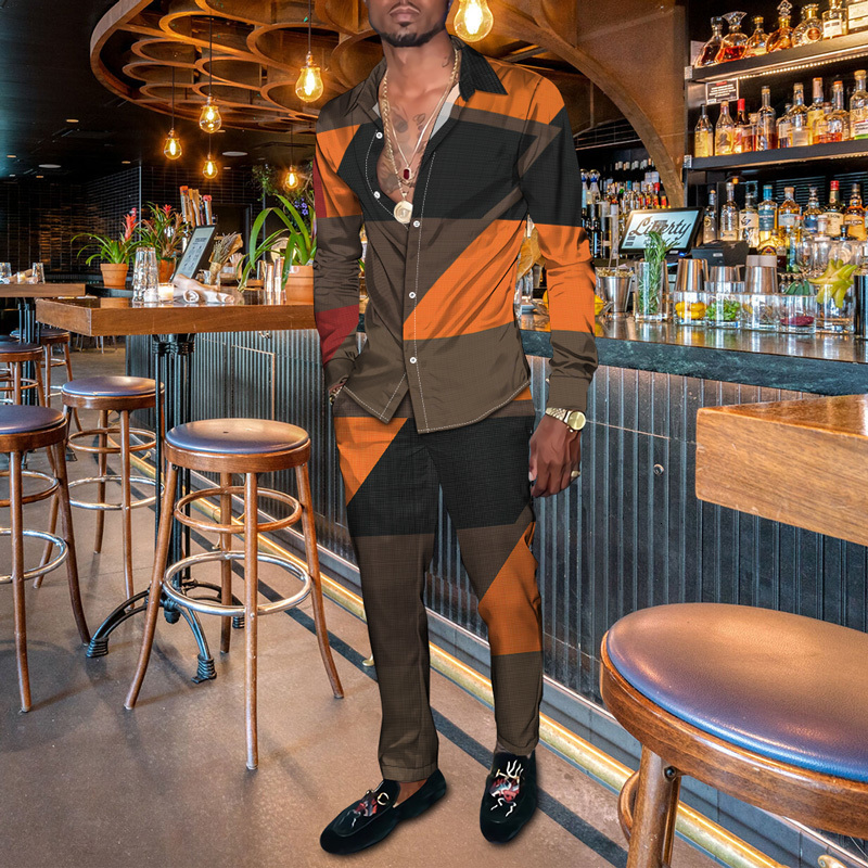 Mens Tracksuits Four Seasons Latest Square Pattern 3D Long Sleeve ShirtPair with Casual Pants Two Piece Set 230707