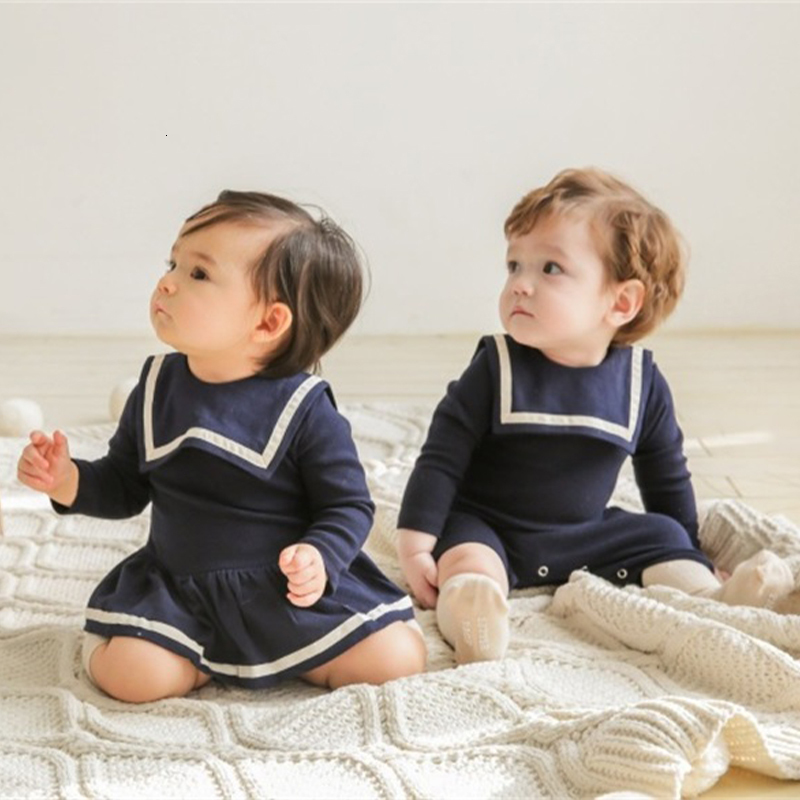 Rompers Baby Rompers Kids Sailor Collar Clothes Boys Gentle Style Jumpsuits Girls Dress-like Bodysuits born Clothing 230707
