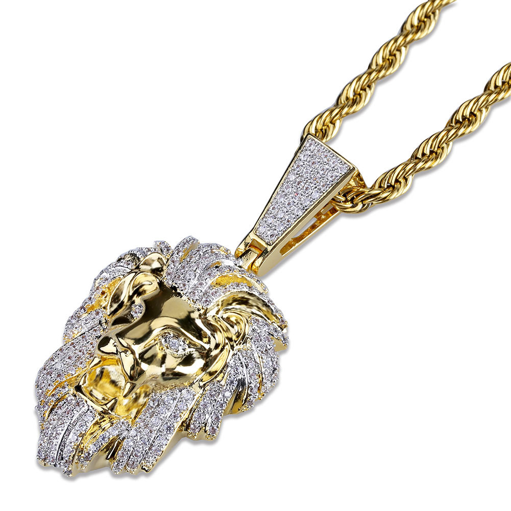 Hip Hop Lion Head Pendant Necklace TopBling Men's 14k Gold with Charm Rope Chain