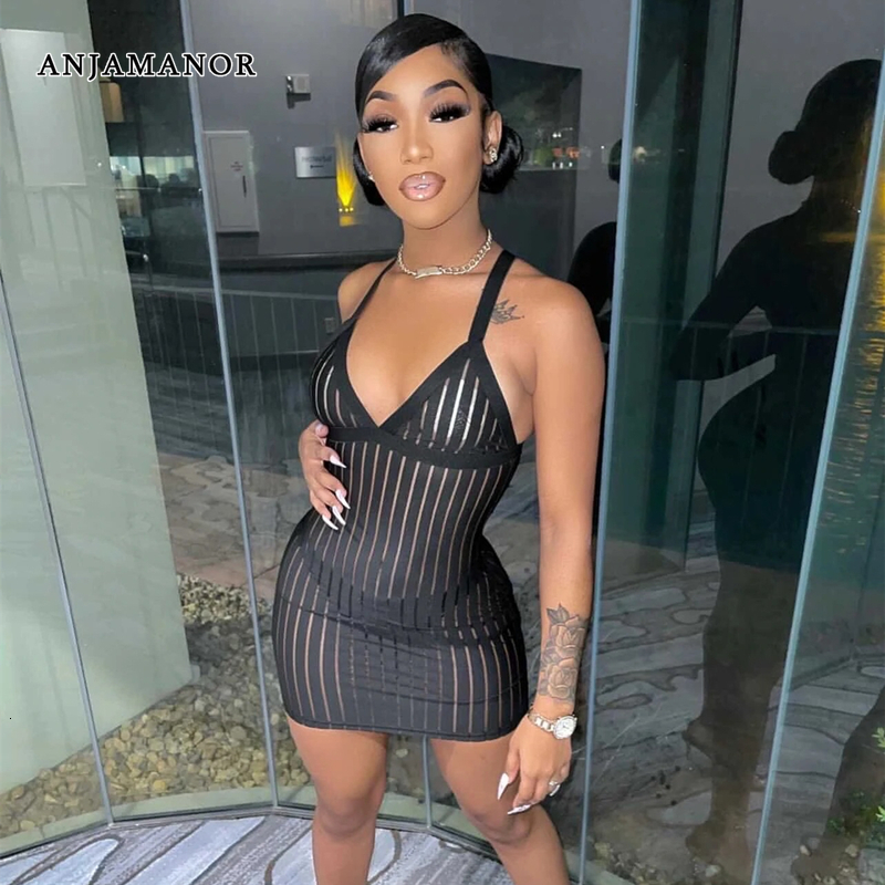 Basic Casual Dresses ANJAMANOR Sexy See Through Black Dresses Club Outfits for Women Summer Stripe Mesh Insert Deep V Mini Bodycon Dress D36AI12 23071