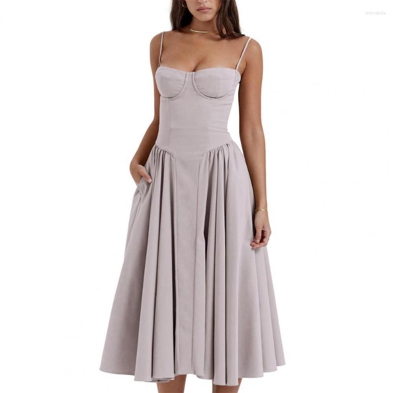 Casual Dresses Women Summer Bandeau Sling Dress Corset Design Loose Hem Pockets A-Line Midi Solid Color Party Evening