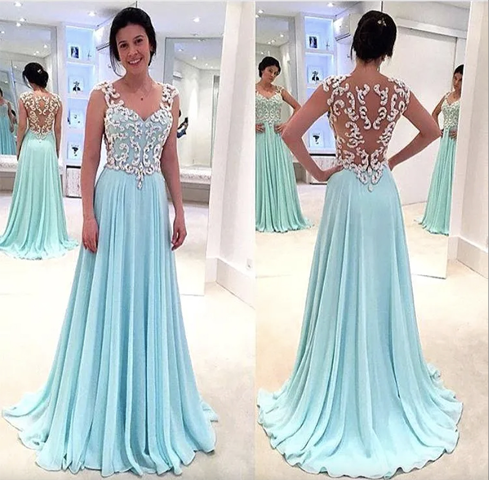 New Blue Sexy Back Design Prom Dresses Sweetheart Cap Sleeves Chiffon A-E Long Evening Gowns With Lace Appliques Lz0304
