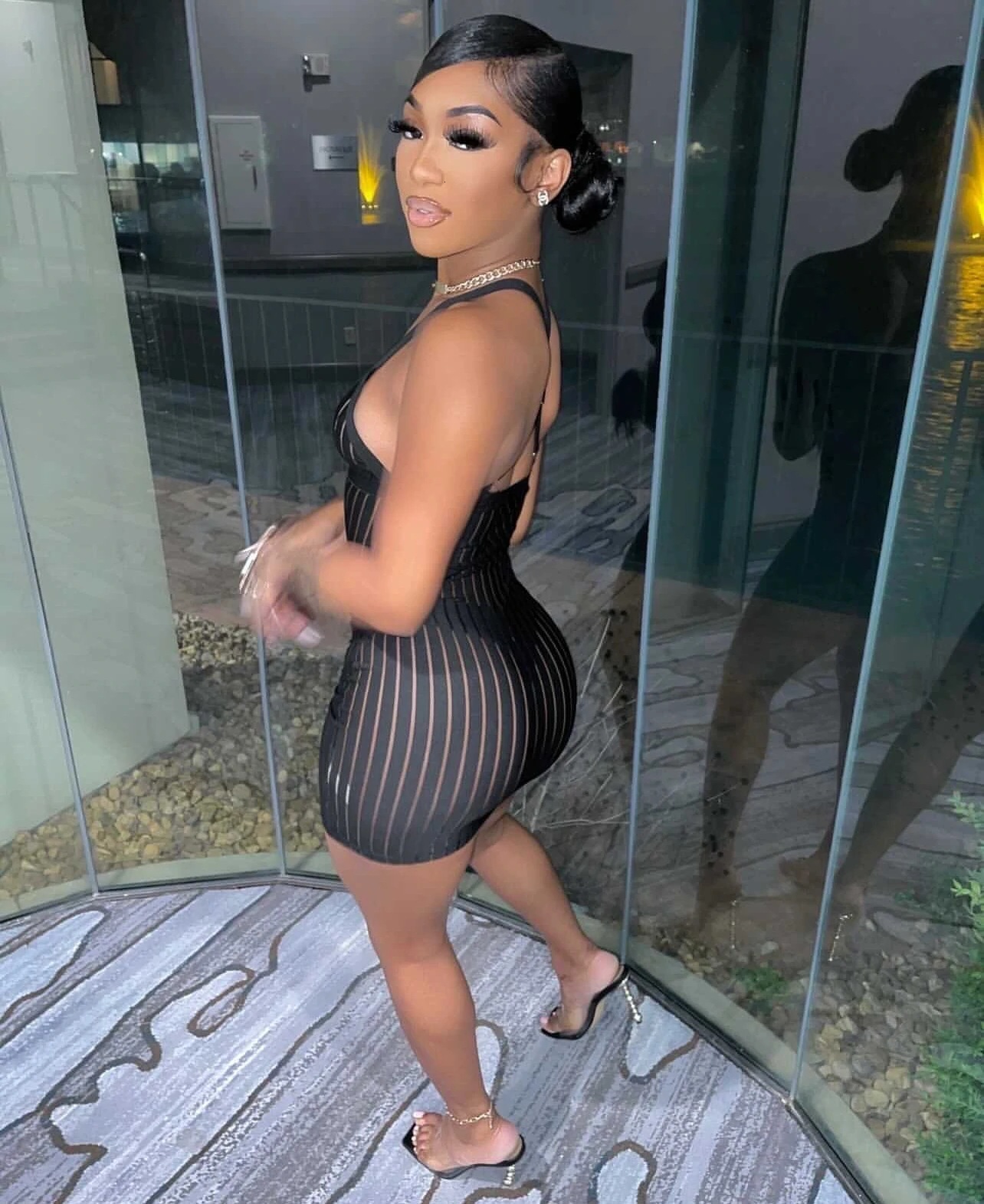 Basic Casual Dresses ANJAMANOR Sexy See Through Black Dresses Club Outfits for Women Summer Stripe Mesh Insert Deep V Mini Bodycon Dress D36AI12 23071