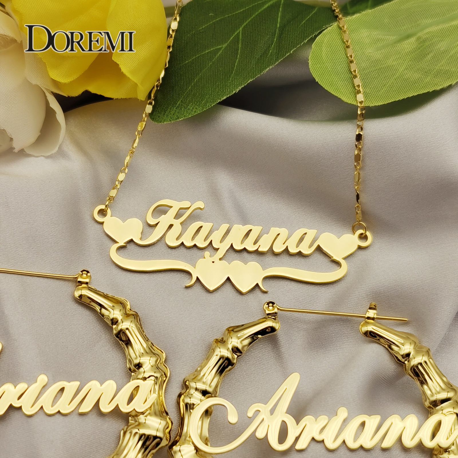 Hoop Huggie DOREMI One Name Earrings and Necklace set Tile Chain Round Bamboo Custom Letter Personalised Gift 230707 230707