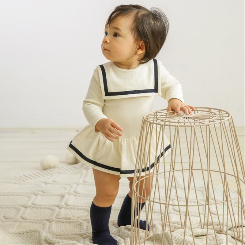 Rompers Baby Rompers Kids Sailor Collar Clothes Boys Gentle Style Jumpsuits Girls Dress-like Bodysuits born Clothing 230707