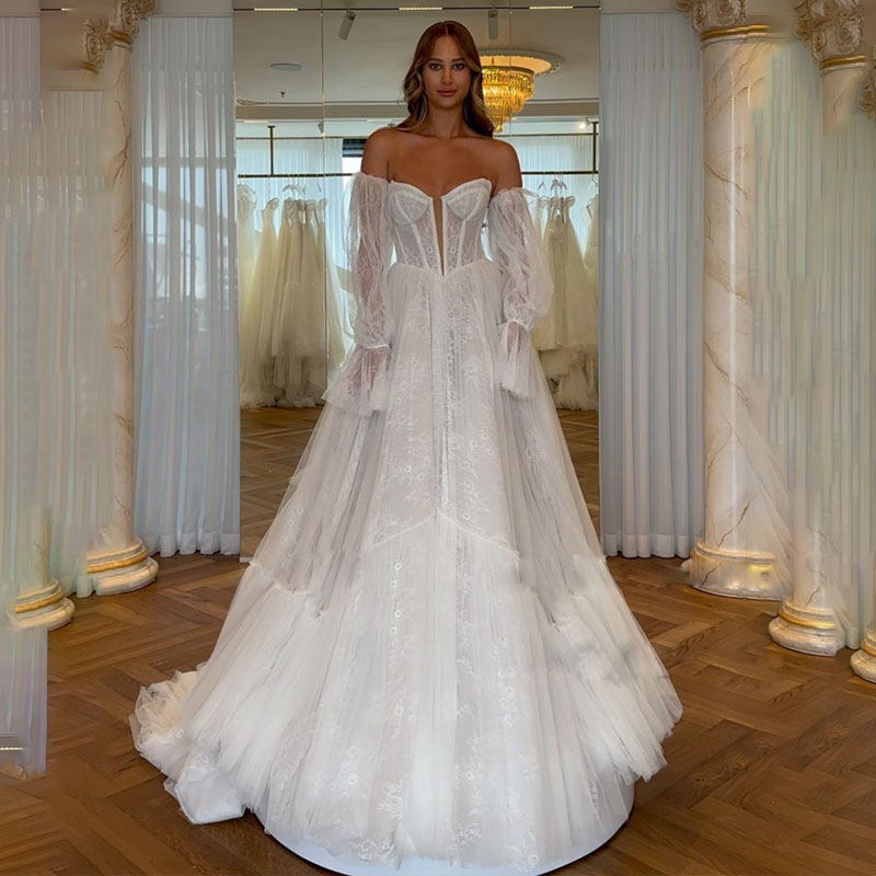 Chic Full Lace A e Dresses Detachable Sleeve Exposed Boning Bridal Dress for Womens Tiere Tulle Boho Wedding Gown
