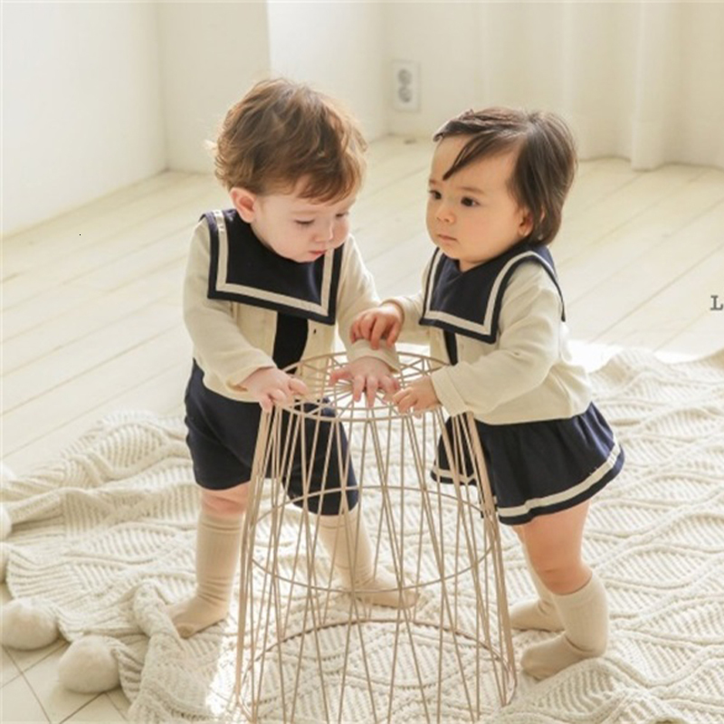 Rompers Baby Rompers Kids Sailor Collar Clothes Boys Gentle Style Jumpsuits Girls Dress-like Bodysuits born Clothing 230707