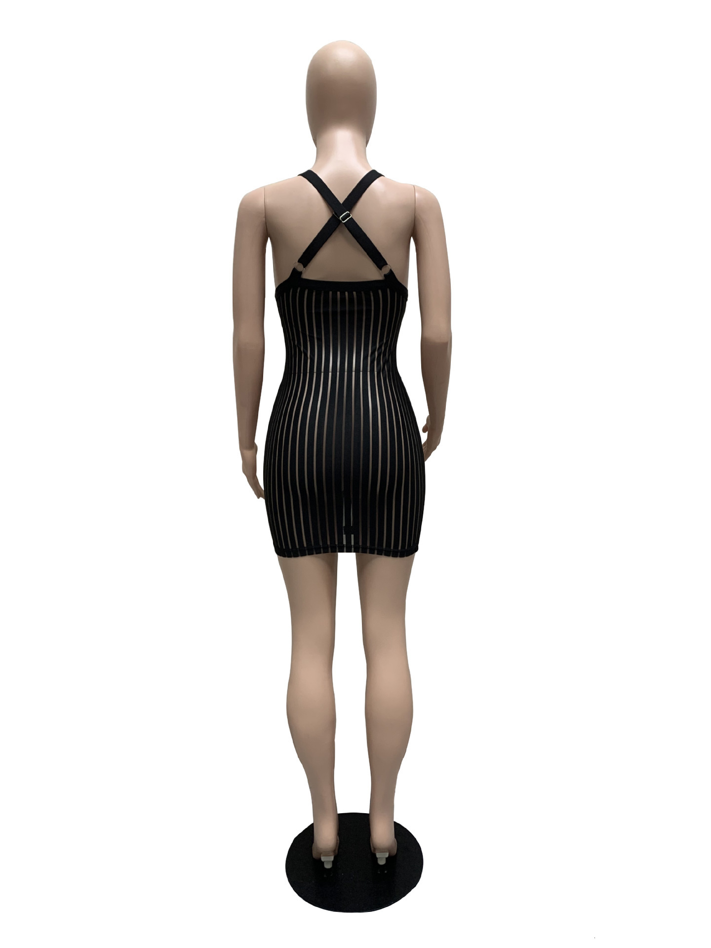 Basic Casual Dresses ANJAMANOR Sexy See Through Black Dresses Club Outfits for Women Summer Stripe Mesh Insert Deep V Mini Bodycon Dress D36AI12 23071