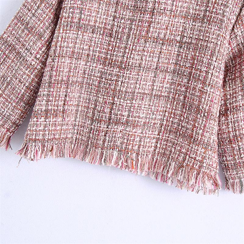 Women's Plaid Tweed Crop Blouse 3/4 Sleeve, Back Zipper, Casual Chic Top - Polyester