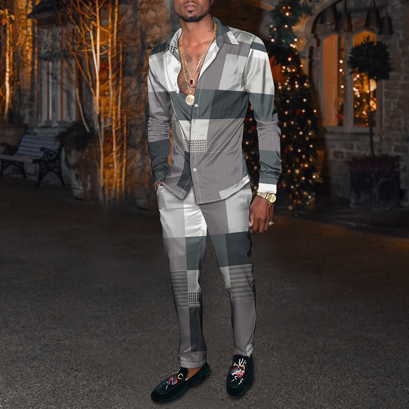 Mens Tracksuits Four Seasons Latest Square Pattern 3D Long Sleeve ShirtPair with Casual Pants Two Piece Set 230707