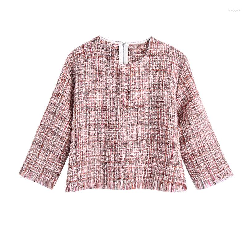 Women's Plaid Tweed Crop Blouse 3/4 Sleeve, Back Zipper, Casual Chic Top - Polyester