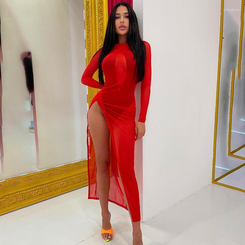 Casual Dresses Gtpdpllt Mesh Sheer Sexy Dress Summer Elegant Outfits For Women Long Sleeve Transparent Maxi Y2k Split Beach Bodycon
