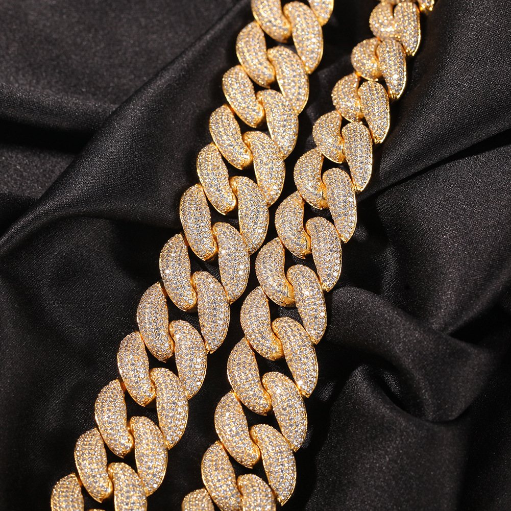 Hip Hop Heavy Duty 18mm Cuban Link Necklace 5A Cubic Zirconia Spring Clasp 18k Gold Plate Jewelry
