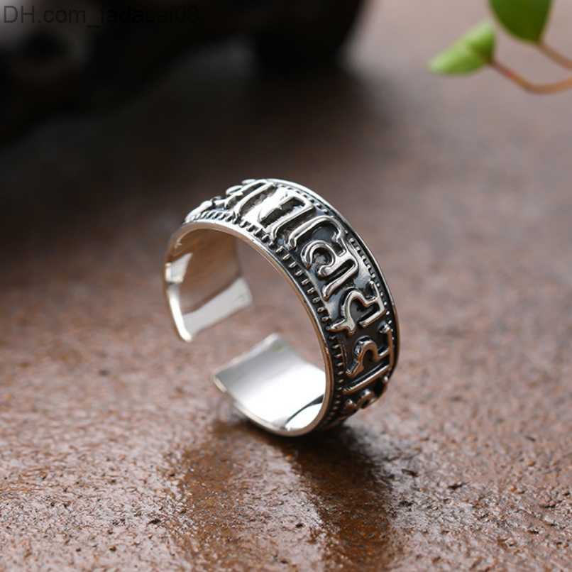 Wedding Rings S925 Sterling Silver Mantra Holy Religious Ring Thai Silver Six Character Mantra Cylinder Opening Adjustable Ring Jewelry Z230711