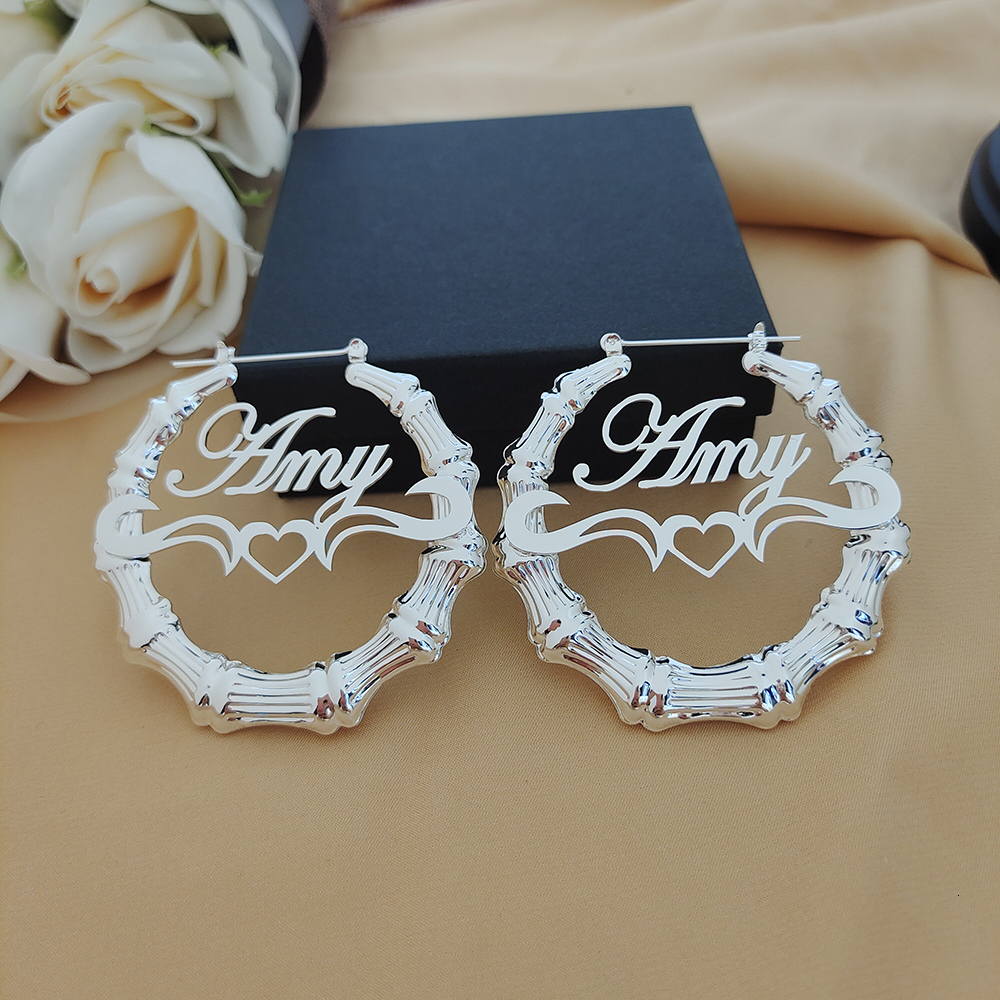 Hoop Huggie Big Earrings Bamboo Customize Name Custom Jewelry Stainless Steel Personality with gift box 230707
