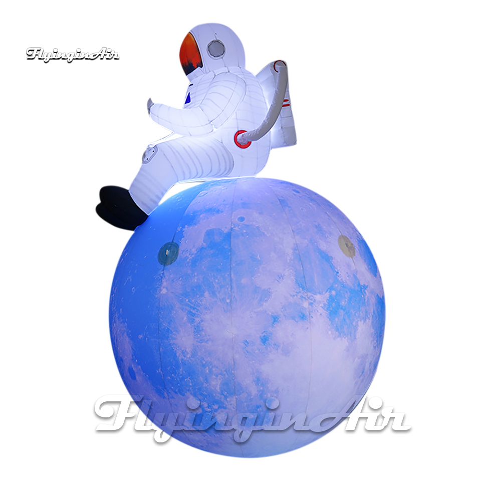 Fantastic Lighting Large Blue Inflatable Moon Planet Balloon With White Spaceman For Space Show
