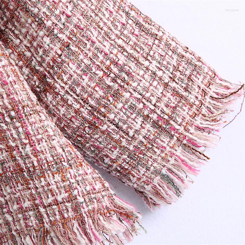 Women's Plaid Tweed Crop Blouse 3/4 Sleeve, Back Zipper, Casual Chic Top - Polyester