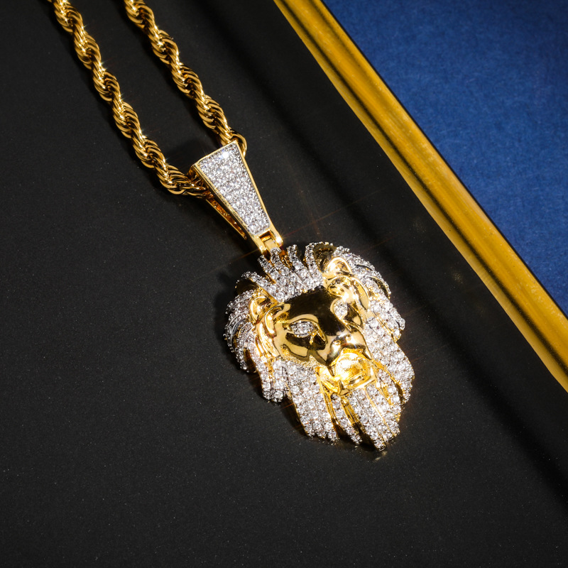 Hip Hop Lion Head Pendant Necklace TopBling Men's 14k Gold with Charm Rope Chain