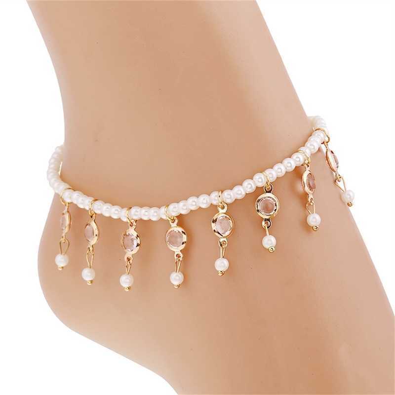 Anklets Fashion Summer Beach Crystal Anklet for Women Bohemian Gold Silver Color Foot Chain Elasticity Pearl Ankle Bracelet Accessories 230607