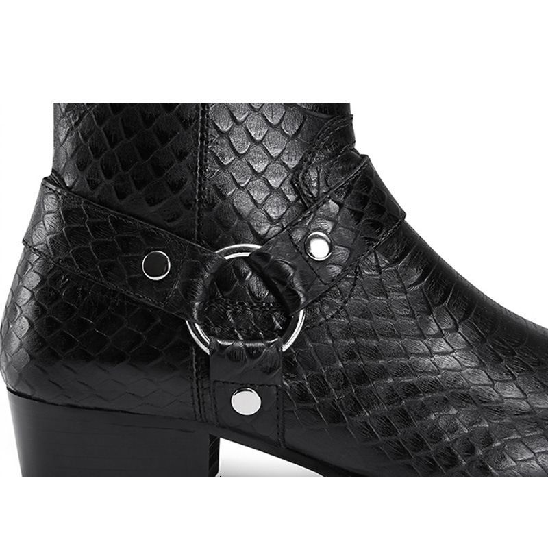 Men Shoes Handmade High-grade Black PU Python Pattern Belt Mid-heel Side Zipper Fashion All-match Dress Ankle Boots XM445 211102
