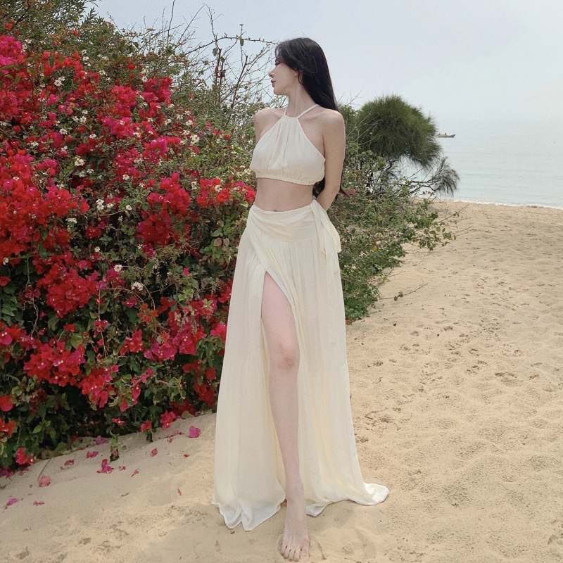 Womens halter neck sleeveless crop top vest and vent jag sexy maxi long skirt twinset 2 pc dress suit SMLXL