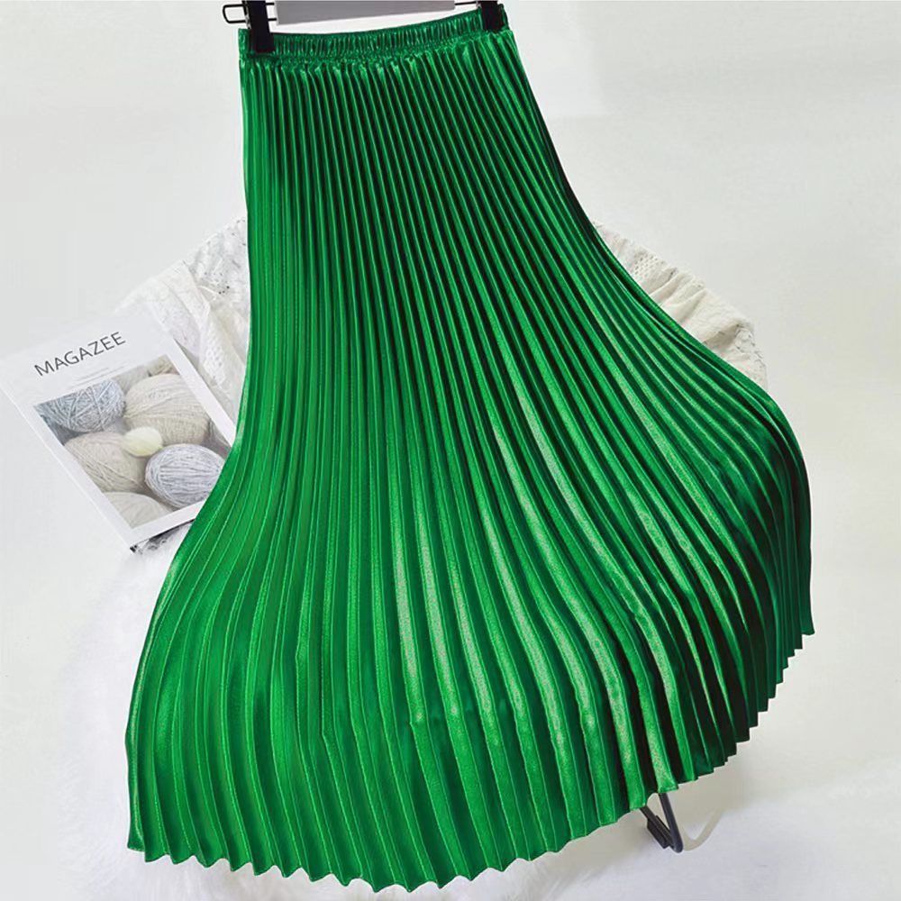 Skirts Korean Women's Fashion Pleated Satin Long Dress Autumn High Waist Metal Purple Green Yellow Red Full Match Saia SS0036 230710