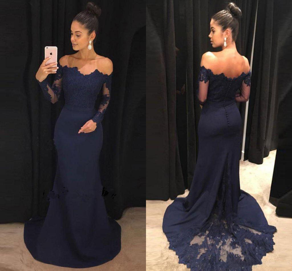 2023 Vintage Navy Blue Off Shoulder Mermaid Bridesmaid Dresses Cheap Long Sleeves Lace Evening Prom Gown Sexy Wedidng Guest Gown