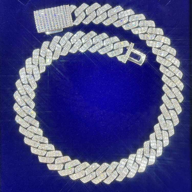 Solid Sier 19mm Wide Gra Baguettes Moissanite Dia Cuban k Chain for Mens Rapper Hip Hop Necklace