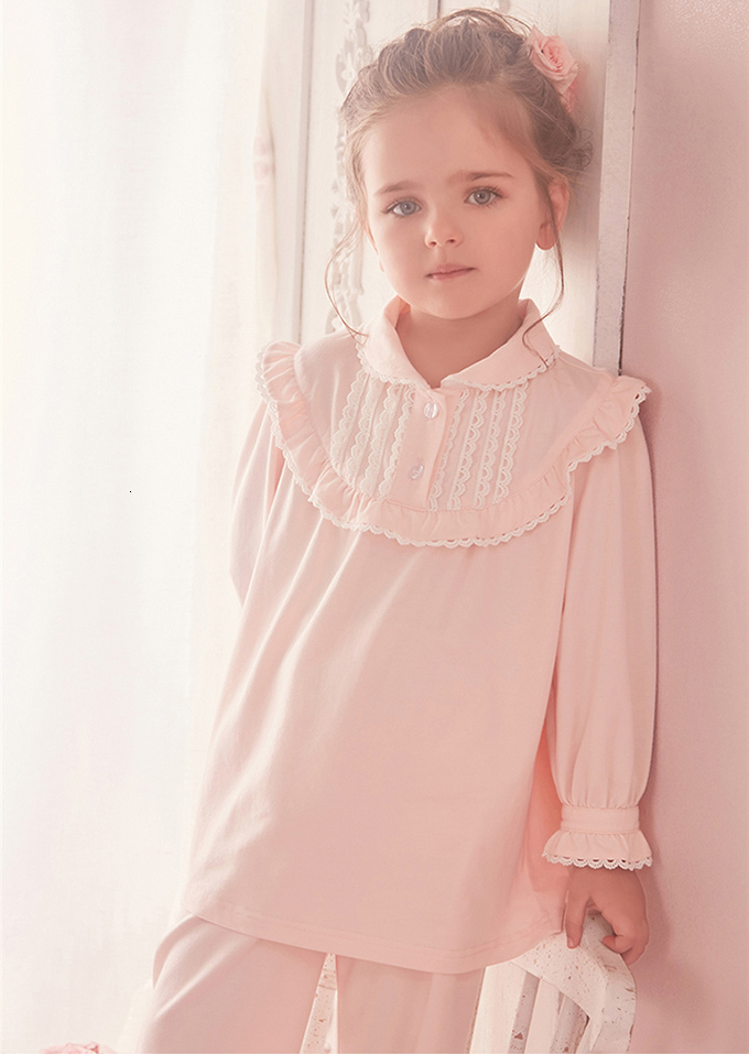 Pajamas Children Girl's Lolita Pink Pajama Sets.Turndown Collar TopsPants.Vintage Toddler Kids Pyjamas set.Royal Style Sleep Loungewear 230710