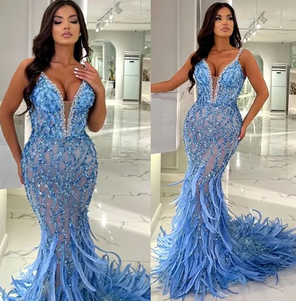 Exquisite Mermaid Lace Evening Gown with Feather Sequins Elegant Formal Party Dress for Prom Engagement and Special Ocns