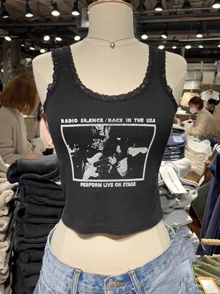 Women's Tanks Camis Retro Rock Band Printed Tank Top Women's Casual Sweet Lace Spliced Cotton Sleeveless Tank Top Y2k Street Clothing Summer
