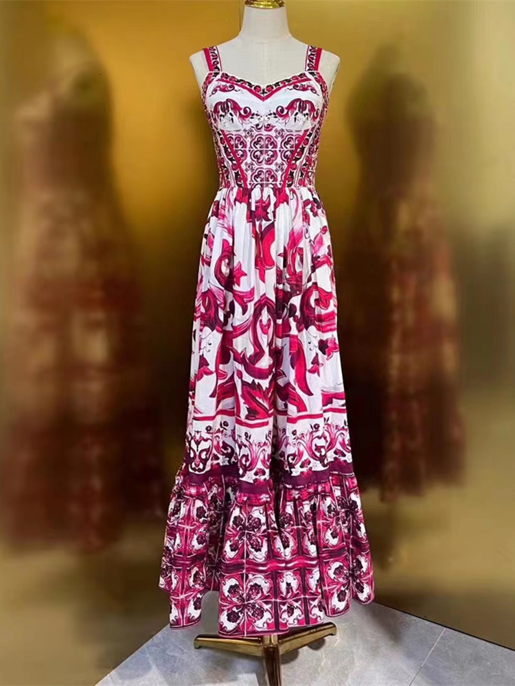 Basic Casual Dresses Runway Summer Holiday Maxi Dress Women's Spaghetti Shoulder Strap V-Neck Backless Blue and White Tile Printing Holiday Lengt