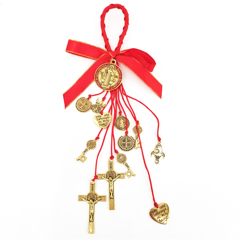 Keychains Lanyards Woven Saint Benedict Medallion Charm Keychain Fashion Home Protection Door Hanger with Cross and Medals Jewelry 230710